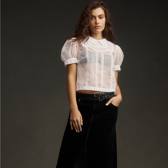 NWT Maeve Short-Sleeve Sheer Scallop-Trim Blouse ANTHROPOLOGIE SZ L NEW - Picture 2 of 3